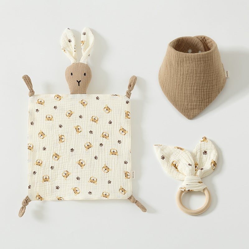 Pure Cotton Gauze Baby Sleeping Doll Three-Piece Set Of 4-Layer Rabbit Ambulance Towel 6-Layer Triangle Wooden Ring - Image 1