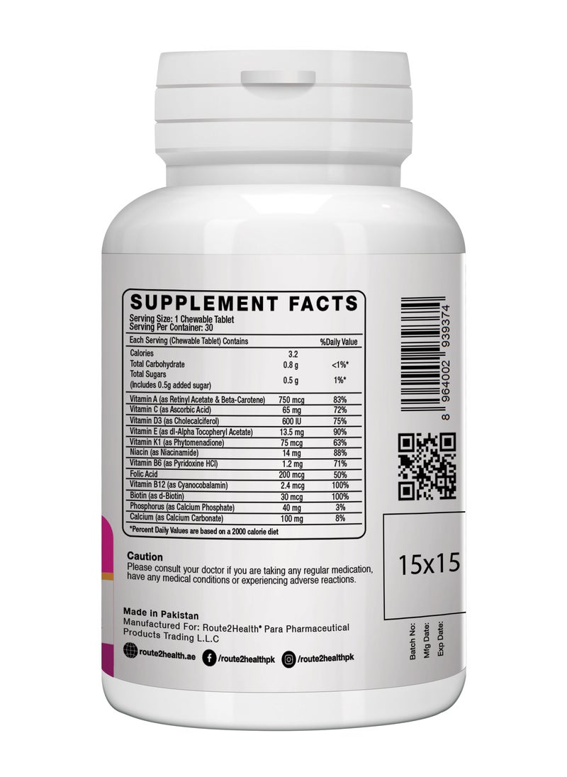 Route2Health Route 2 Health Chewable Multivitamins & Minerals for Teen Girls - 30 Count – Vitamins A, C, D3, E, K1, Calcium, Phosphorus & Biotin – Supports Growth, Immunity, Energy – Lime and Orange Flavor  - Image 3