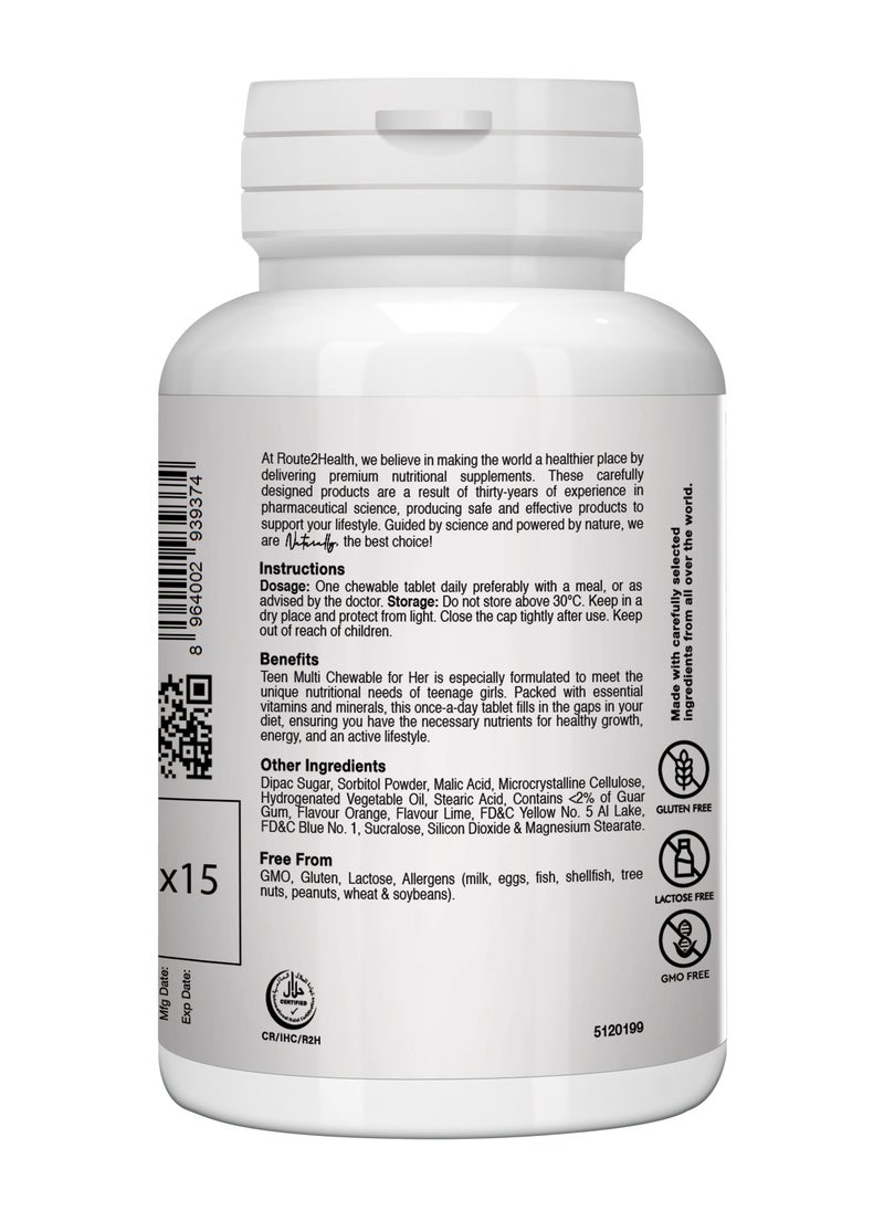 Route2Health Route 2 Health Chewable Multivitamins & Minerals for Teen Girls - 30 Count – Vitamins A, C, D3, E, K1, Calcium, Phosphorus & Biotin – Supports Growth, Immunity, Energy – Lime and Orange Flavor  - Image 2