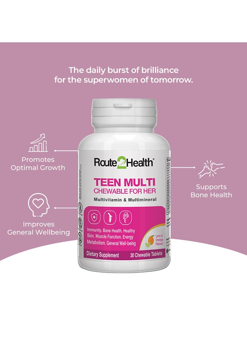 Route2Health Route 2 Health Chewable Multivitamins & Minerals for Teen Girls - 30 Count – Vitamins A, C, D3, E, K1, Calcium, Phosphorus & Biotin – Supports Growth, Immunity, Energy – Lime and Orange Flavor  - Image 4