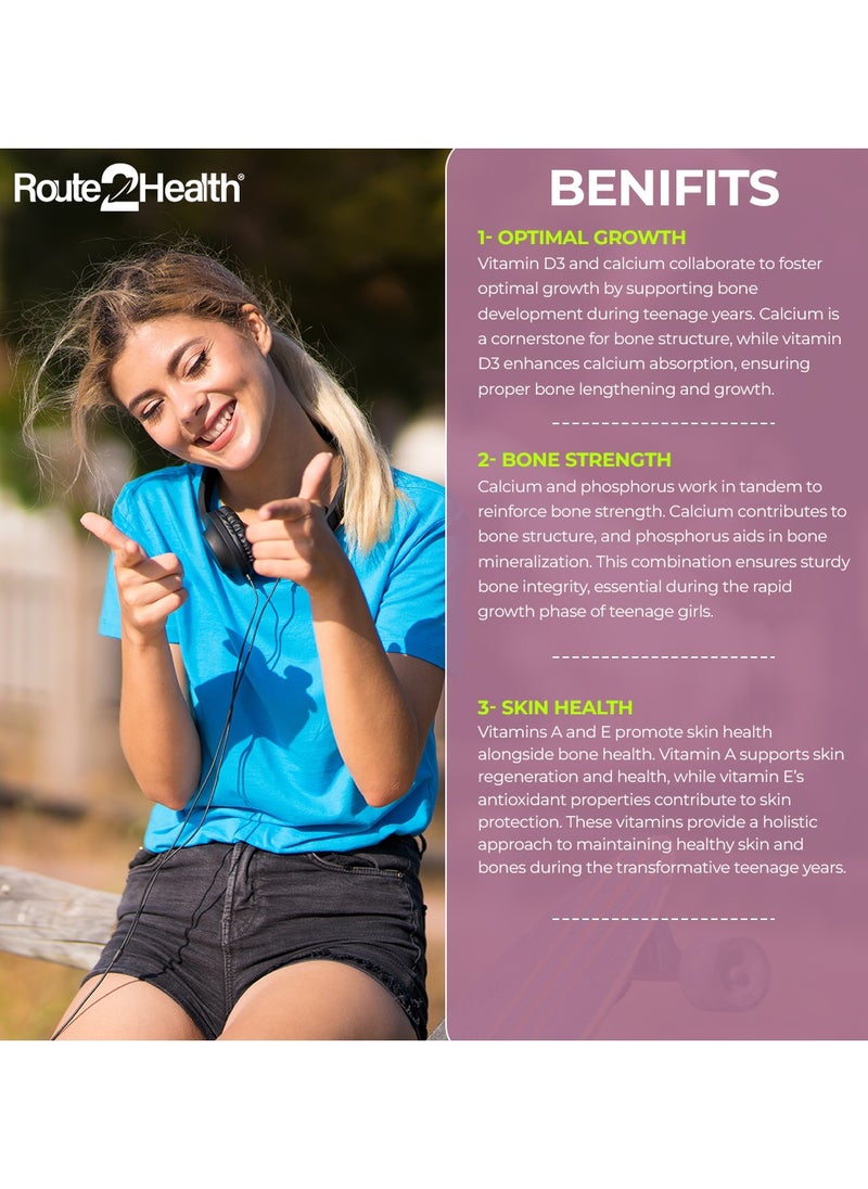 Route2Health Route 2 Health Chewable Multivitamins & Minerals for Teen Girls - 30 Count – Vitamins A, C, D3, E, K1, Calcium, Phosphorus & Biotin – Supports Growth, Immunity, Energy – Lime and Orange Flavor  - Image 5