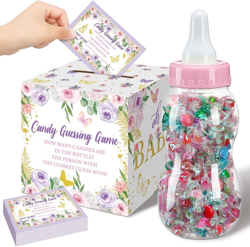 Glenmal 52 Pcs Baby Shower Games Gift Sets Large Baby Bottle for Shower Game Guess How Many Candies Decorations for Gender Reveal(Butterfly) - Image 1
