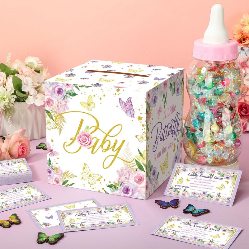 Glenmal 52 Pcs Baby Shower Games Gift Sets Large Baby Bottle for Shower Game Guess How Many Candies Decorations for Gender Reveal(Butterfly) - Image 2