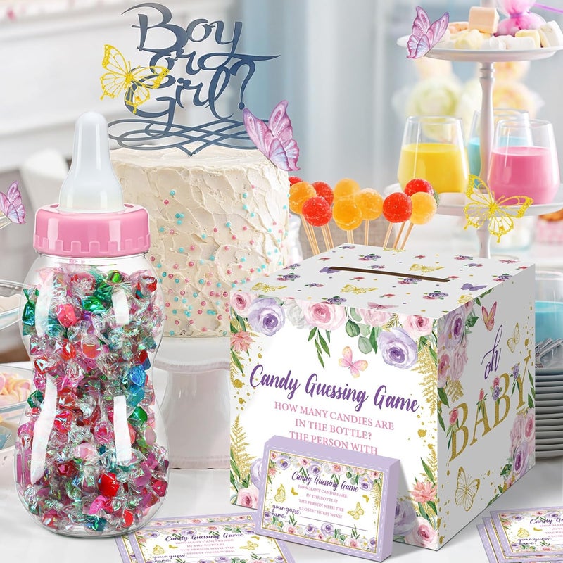 Glenmal 52 Pcs Baby Shower Games Gift Sets Large Baby Bottle for Shower Game Guess How Many Candies Decorations for Gender Reveal(Butterfly) - Image 4