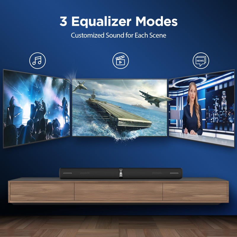 Assistrust Sound Bar for Smart TV,90W Soundbar with Bluetooth/ARC/Optical/AUX Connect, Auto Volume Boost, 3 Customizable Equalizer Modes, 2 in 1 Detachable Soundbar for TV/PC/Gaming/Projectors - Image 5