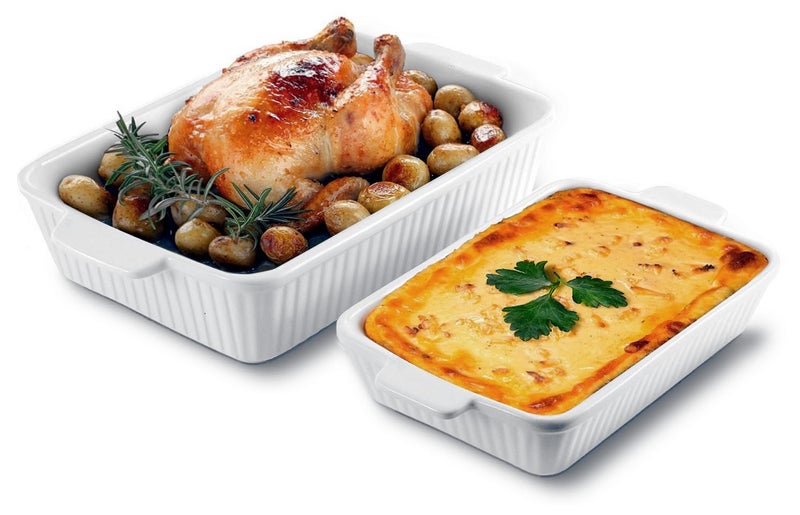 SINTOP Ceramic Baking Dish Set (2-Piece) - 4.4QT & 1.8QT Rectangular Casserole Pans for Lasagna, Turkey, Cake - White Oven Safe Roaster Pans 13x9.5 & 10x7 Inch Dishwasher Safe - Image 1