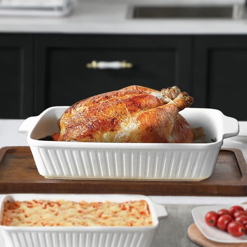 SINTOP Ceramic Baking Dish Set (2-Piece) - 4.4QT & 1.8QT Rectangular Casserole Pans for Lasagna, Turkey, Cake - White Oven Safe Roaster Pans 13x9.5 & 10x7 Inch Dishwasher Safe - Image 3