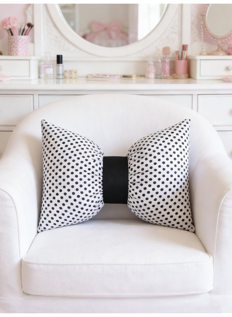 Bow Pillow with Filling 35x45 cm 100% Cotton Throw Pillow with Cute Bow Shaped Decorative Cushion for Girls' Bedroom Sofa Couch Car,Black Polka Dots - Image 2