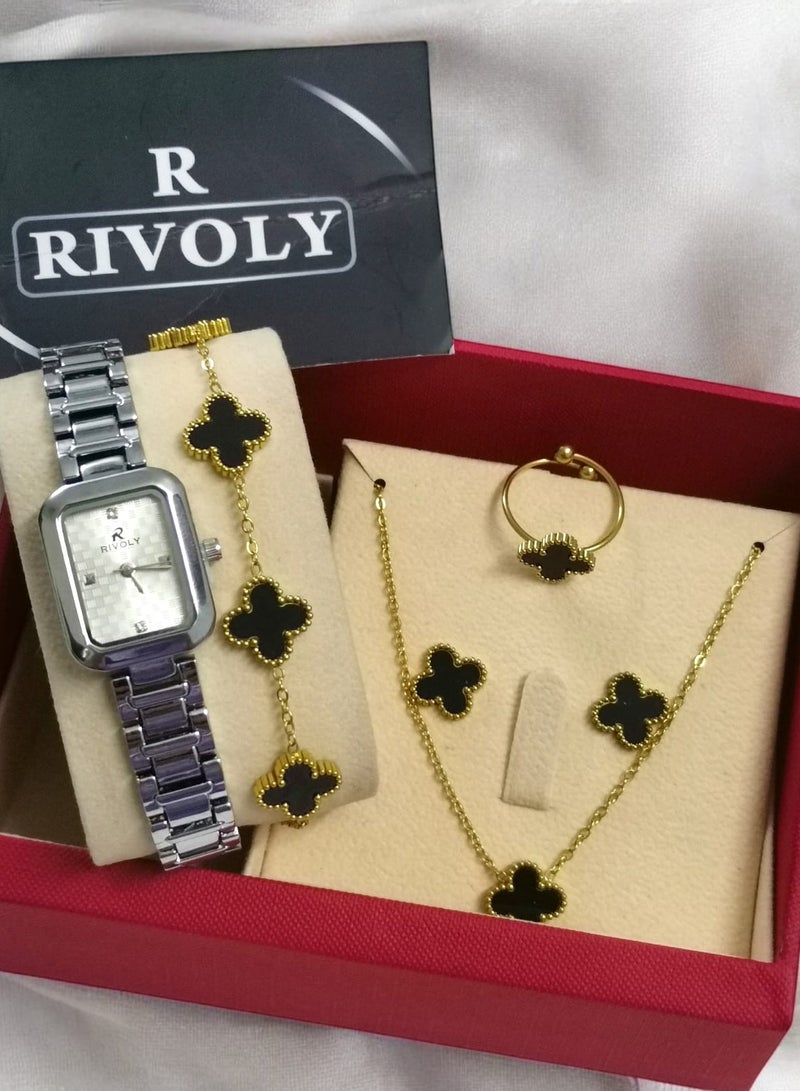 Rivoly Elegant women's stainless-steel set consisting of a waterproof watch with a set of bracelets, rings, necklaces, and earrings - Image 2