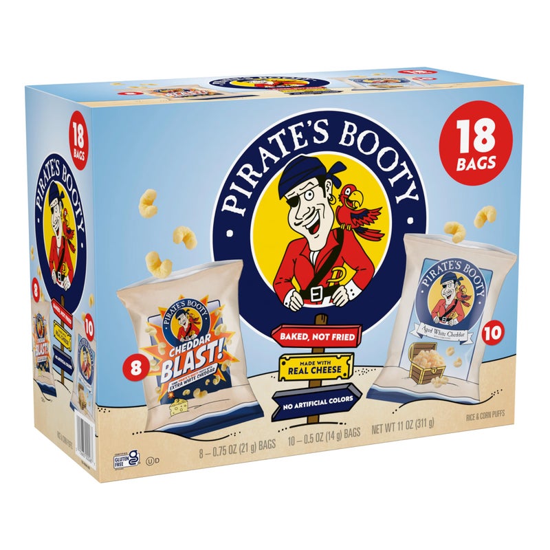 Pirate's Booty Aged White Cheddar and Cheddar Blast Cheese Puffs Variety Pack, Gluten-Free, Kids Snacks, 0.5oz and 0.75oz (18ct) - Image 1