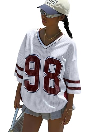 UNIQUEONE Jersey Shirts for Women Y2k Graphic Number Shirt Oversized V Neck Shirts Casual Streetwear Summer Tops Red - Image 2