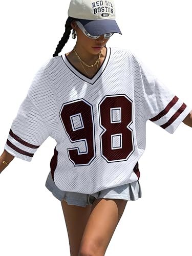 UNIQUEONE Jersey Shirts for Women Y2k Graphic Number Shirt Oversized V Neck Shirts Casual Streetwear Summer Tops Red - Image 4