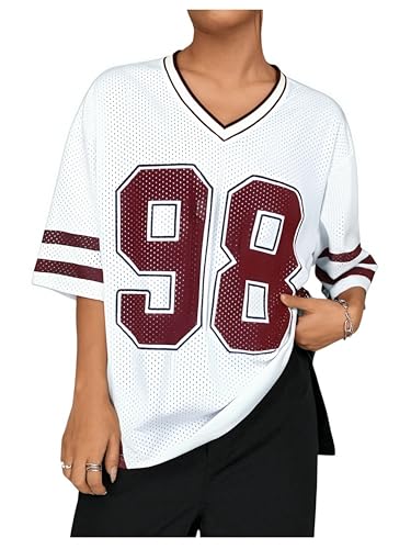 UNIQUEONE Jersey Shirts for Women Y2k Graphic Number Shirt Oversized V Neck Shirts Casual Streetwear Summer Tops Red - Image 3