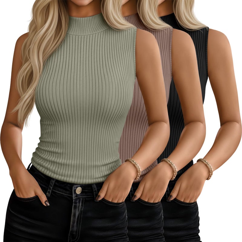 Xaatren 3 Pack Womens Sleeveless Mock Turtlenecks Shirts Ribbed Stretch Slim Fitted Tank Top Basic Lightweight Bustier TeeBlack Mint Green BrownLarge - Image 2
