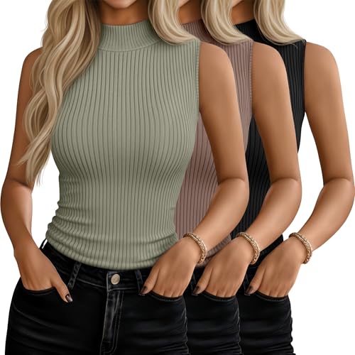 Xaatren 3 Pack Womens Sleeveless Mock Turtlenecks Shirts Ribbed Stretch Slim Fitted Tank Top Basic Lightweight Bustier TeeBlack Mint Green BrownLarge - Image 1
