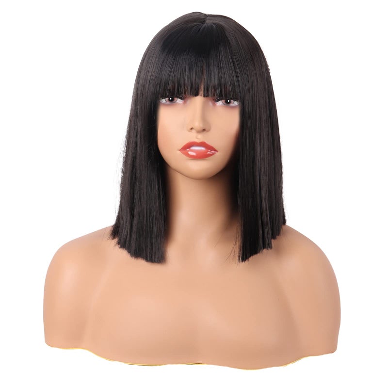 MapofBeauty 12 Inch/30 cm Straight Bob Flat Bangs Short Colorful Synthetic Hair Cosplay Party Wig (Black) - Image 1