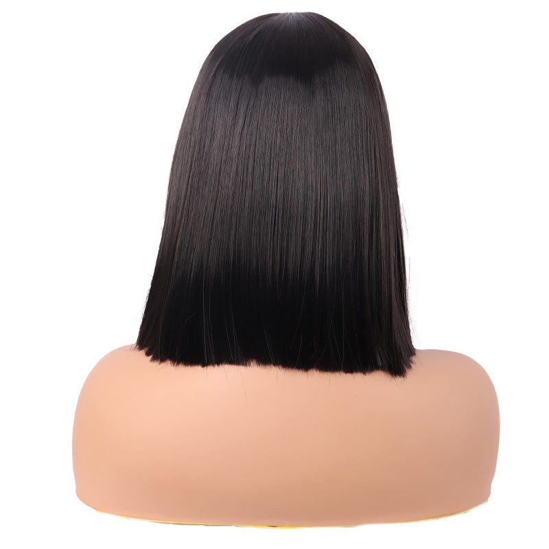 MapofBeauty 12 Inch/30 cm Straight Bob Flat Bangs Short Colorful Synthetic Hair Cosplay Party Wig (Black) - Image 4