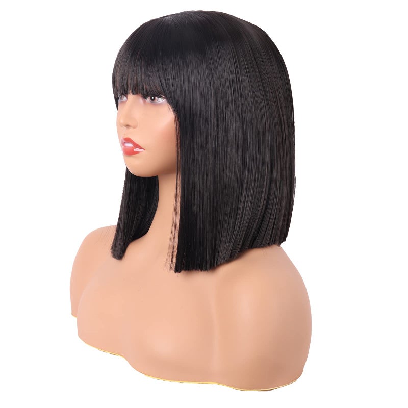 MapofBeauty 12 Inch/30 cm Straight Bob Flat Bangs Short Colorful Synthetic Hair Cosplay Party Wig (Black) - Image 2