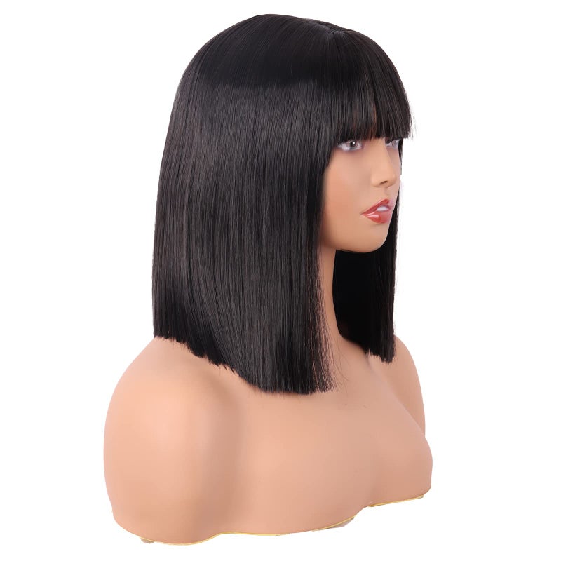 MapofBeauty 12 Inch/30 cm Straight Bob Flat Bangs Short Colorful Synthetic Hair Cosplay Party Wig (Black) - Image 3