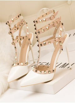 Eloshman 10cm LacquerLeather Metal Rivet Hollowed Out Roman Slim Heel High Heels White  - Image 1