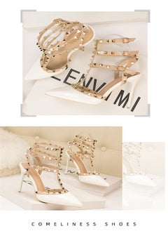 Eloshman 10cm LacquerLeather Metal Rivet Hollowed Out Roman Slim Heel High Heels White  - Image 3
