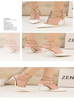 Eloshman 10cm LacquerLeather Metal Rivet Hollowed Out Roman Slim Heel High Heels White  - Image 2