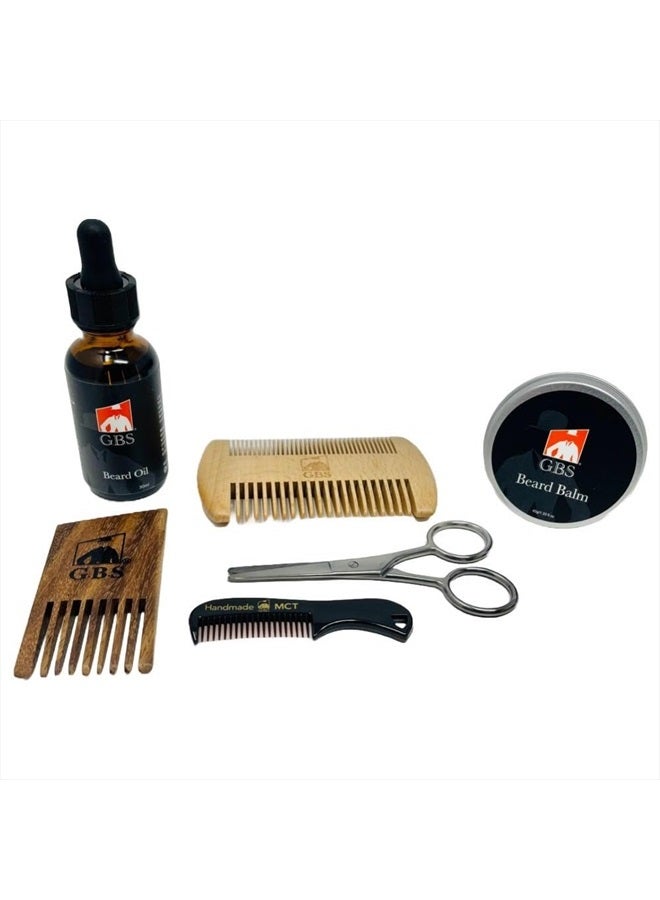GBS Natural Beard Kit - Beard Oil with Jojoba, Beard Conditioning Balm, 2 Sided Wood Beard Styling Comb, Pocket Mustache Comb, Beard and Mustache Trimming Scissors - Image 1