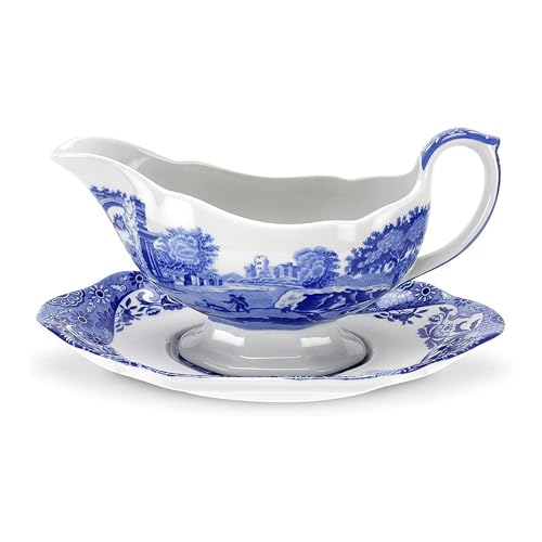 Spode Spode Blue Italian 9 Oz Gravy Boat and Saucer Earthenware Sauce Boat with Large Handle Classic Countryside Design Perfect for Gravy Sauces Salad Dressings Dishwasher  Microwave Safe 
