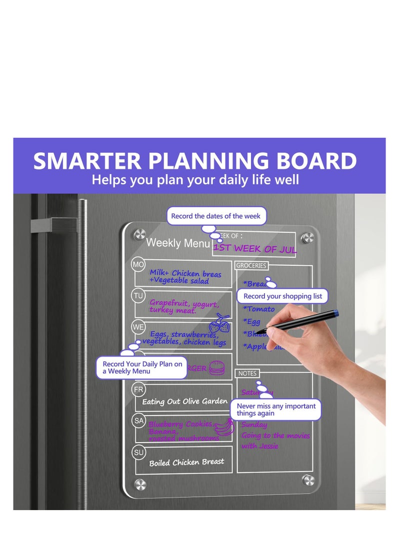 Zikra Acrylic Magnetic Dry Erase Board Weekly Calendar for Fridge - 16"x12" Clear Weekly Meal Planner Magnetic Board, Reusable Planning Whiteboard Workout Board Meal Planner Magnetic Includes 6 Markers - Image 3