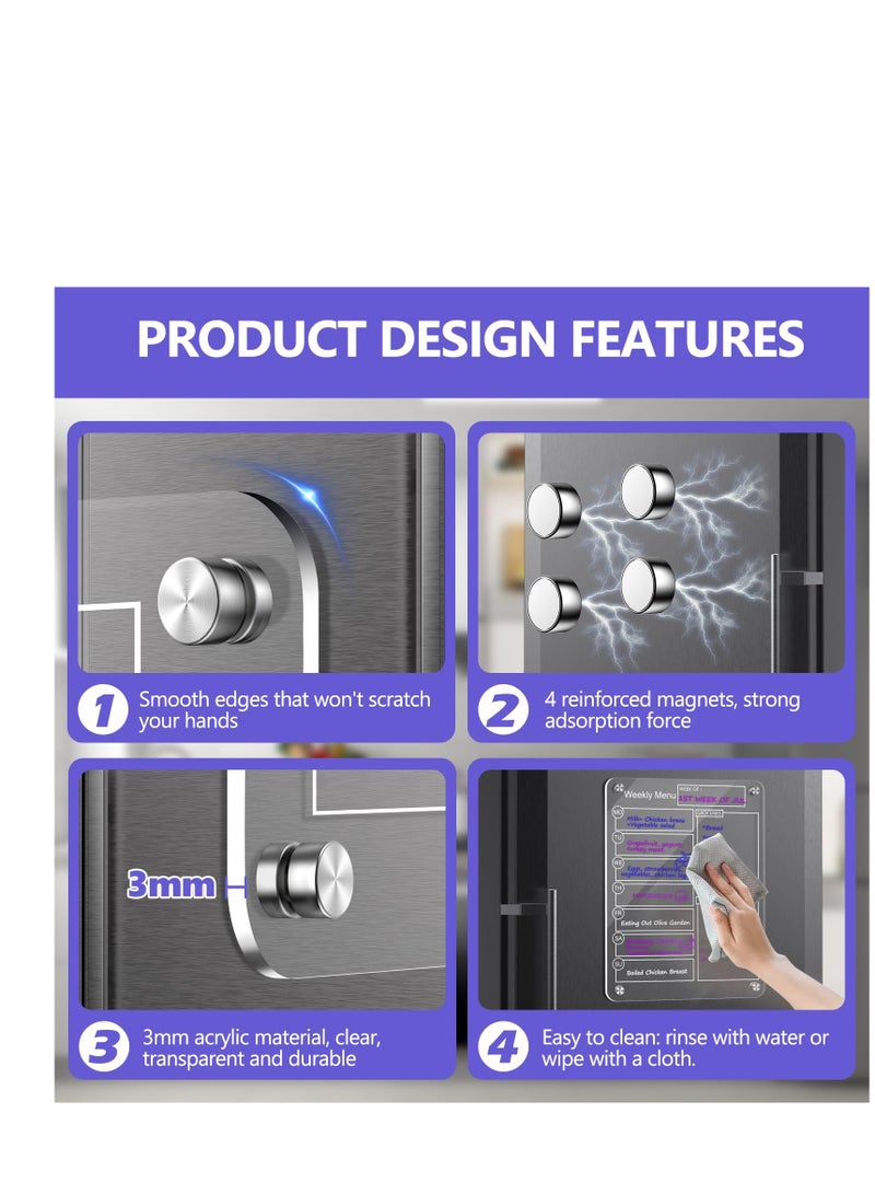 Zikra Acrylic Magnetic Dry Erase Board Weekly Calendar for Fridge - 16"x12" Clear Weekly Meal Planner Magnetic Board, Reusable Planning Whiteboard Workout Board Meal Planner Magnetic Includes 6 Markers - Image 2
