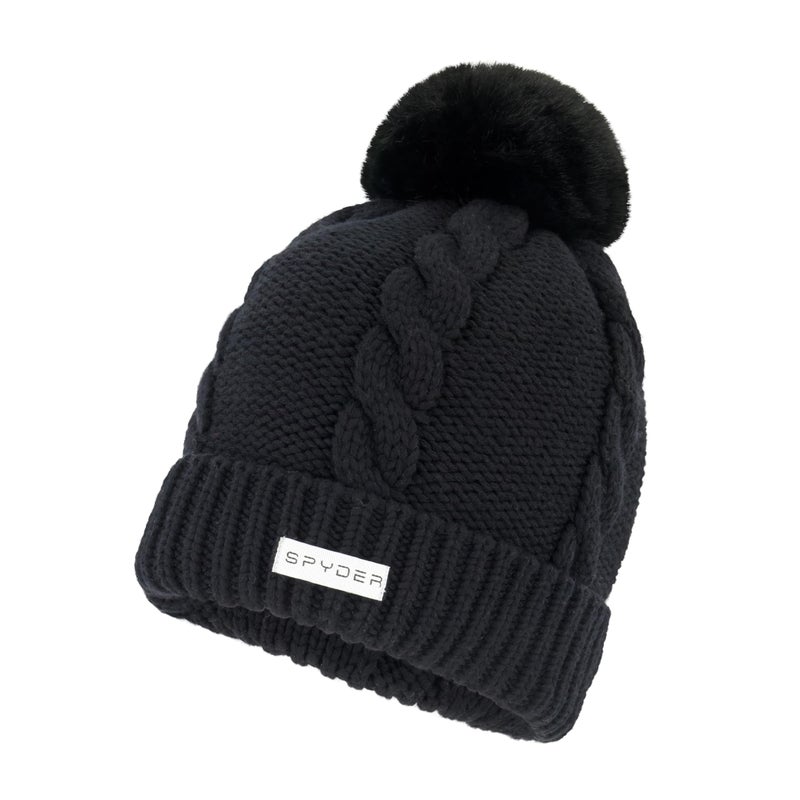 Spyder Womens Cable Knit Pom Pom Beanie with Ribbed Cuff, Black, One Size - Image 1