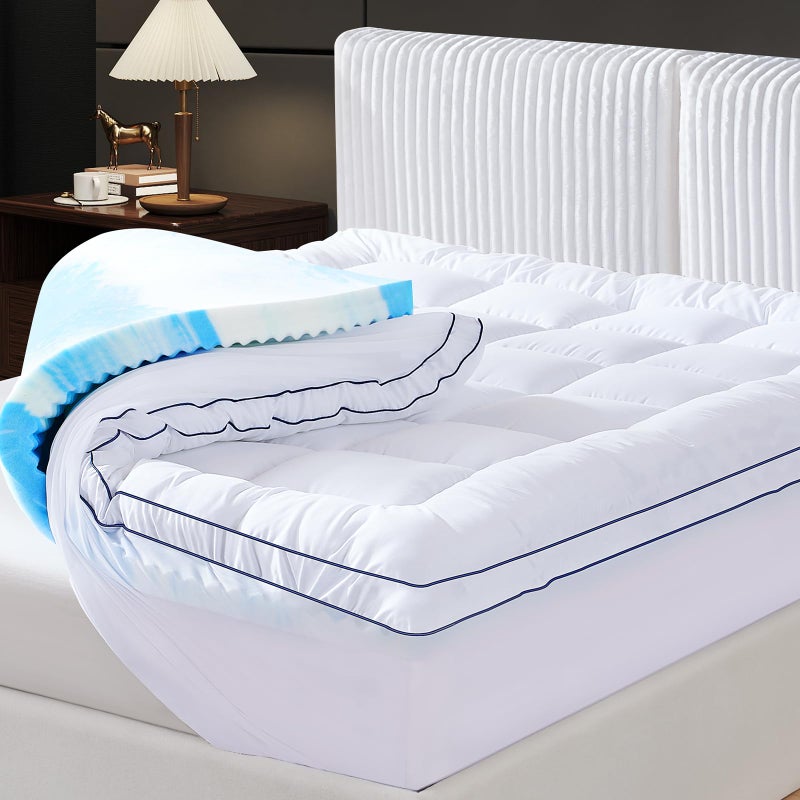 Vipfree King Dual Layer 4 Inch Memory Foam Mattress Topper, Relax Body, Relieve Pain and Aid Sleep - 2 Inch Fluffy Pillow Top King Mattress Topper and 2 Inch Cooling Gel Memory Foam, 2X Support - Image 1