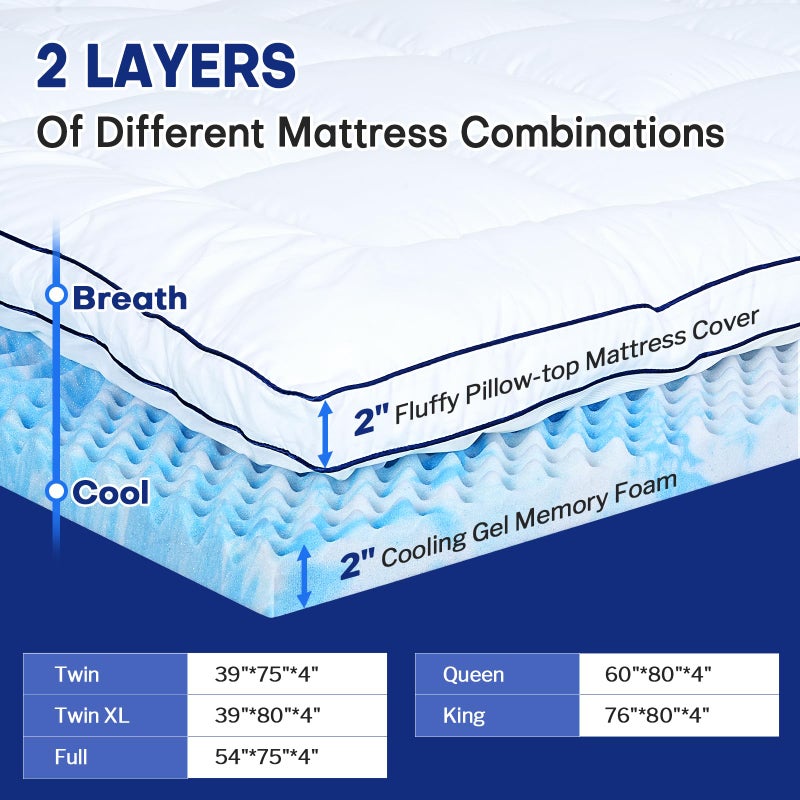 Vipfree King Dual Layer 4 Inch Memory Foam Mattress Topper, Relax Body, Relieve Pain and Aid Sleep - 2 Inch Fluffy Pillow Top King Mattress Topper and 2 Inch Cooling Gel Memory Foam, 2X Support - Image 3