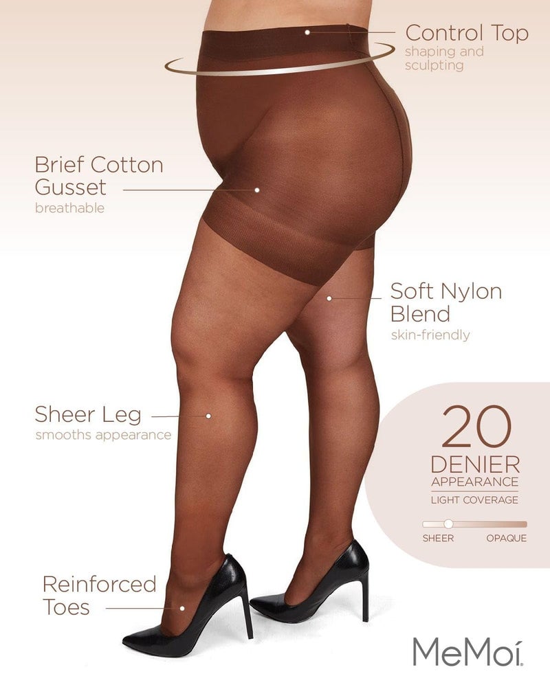 MeMoi Plus Size Curvy Control Top Pantyhose for Women, Comfortable Silky Sheer Pantyhose, Lightweight Womens Stockings - French Coffee 7X - Image 3