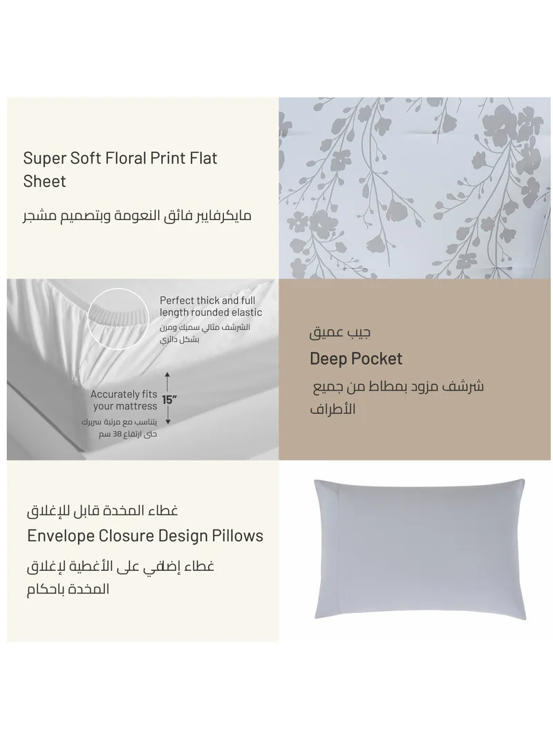 Donetella King Size 4-Pcs Fitted Sheet Set For Luxury Bedding With Floral Print Sheet And Pillowcase Set, White Silver