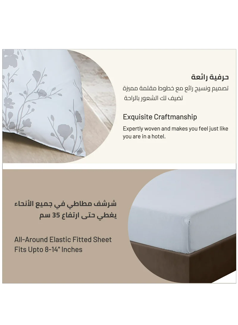 Donetella King Size 4-Pcs Fitted Sheet Set For Luxury Bedding With Floral Print Sheet And Pillowcase Set, White Silver