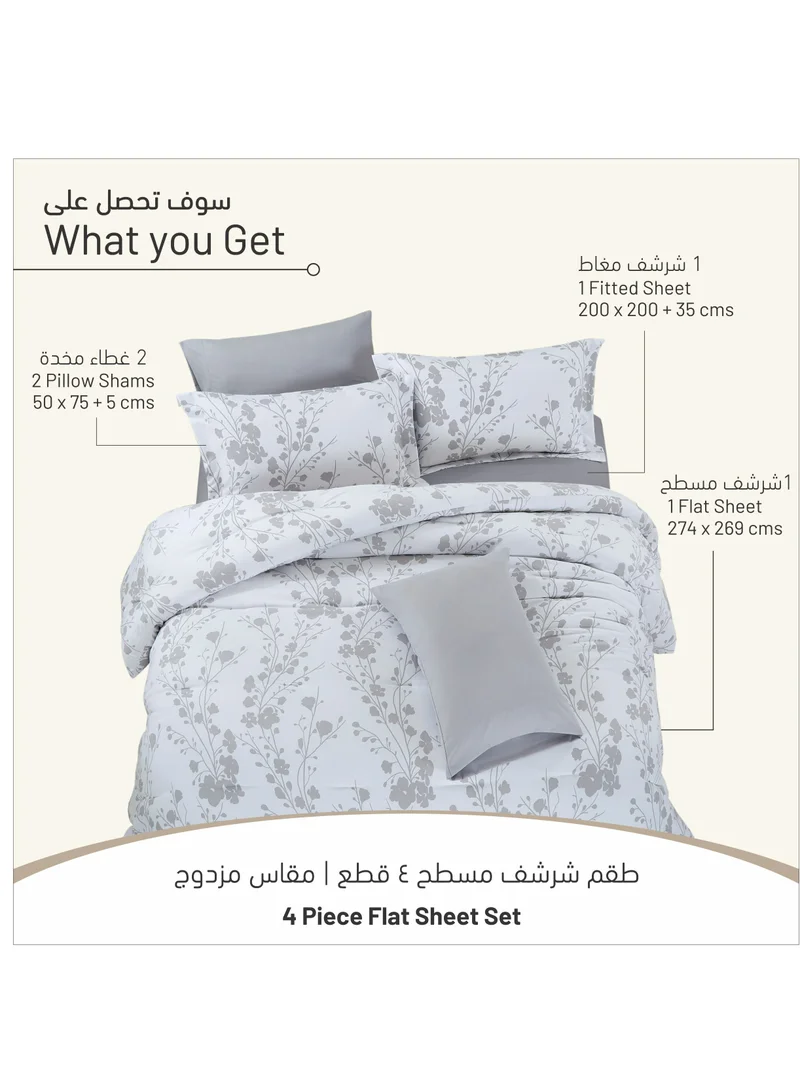 Donetella King Size 4-Pcs Fitted Sheet Set For Luxury Bedding With Floral Print Sheet And Pillowcase Set, White Silver