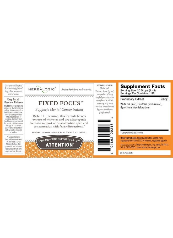 Herbalogic - Fixed Focus Liquid Herb Drops Nonaddicting Support For Increased Attention Concentration & Focus Contains White Tea A Naturally Balanced Source Of Ltheanine & Caffeine 4 Fl. Oz. - Image 1