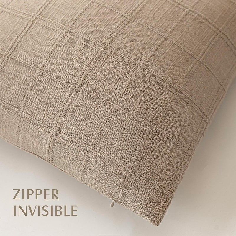 Foindtower Set of 1 Decorative Linen Check Throw Pillow Cover Neutral Farmhouse Vintage Cushion Cover Modern Coastal Boho Home Decor for Sofa Chair Couch Bedroom Living Room,24×24 Inch,Camel - Image 3
