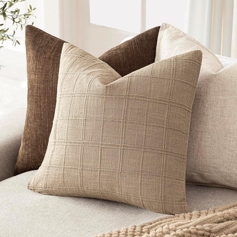 Foindtower Set of 1 Decorative Linen Check Throw Pillow Cover Neutral Farmhouse Vintage Cushion Cover Modern Coastal Boho Home Decor for Sofa Chair Couch Bedroom Living Room,24×24 Inch,Camel - Image 5