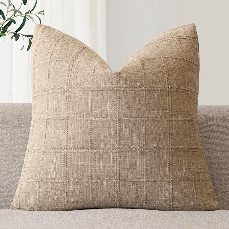 Foindtower Set of 1 Decorative Linen Check Throw Pillow Cover Neutral Farmhouse Vintage Cushion Cover Modern Coastal Boho Home Decor for Sofa Chair Couch Bedroom Living Room,24×24 Inch,Camel - Image 1