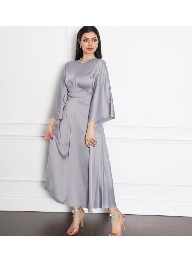 Autumn 2022 Cross-border Middle East Silk Satin Lotus Leaf Sleeve Dress Muslim Muslim Women  - Image 3