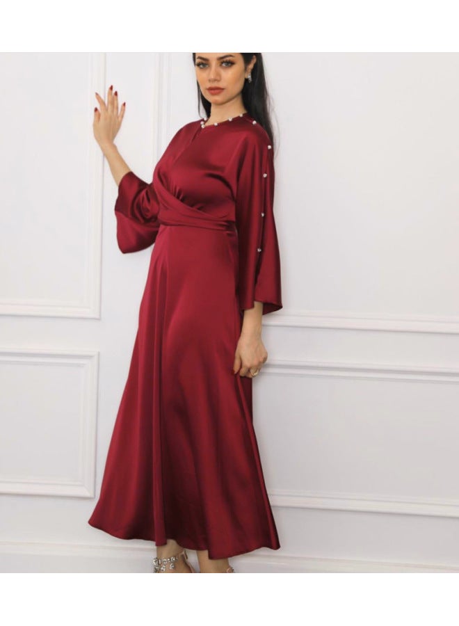 Autumn 2022 Cross-border Middle East Silk Satin Lotus Leaf Sleeve Dress Muslim Muslim Women  - Image 2
