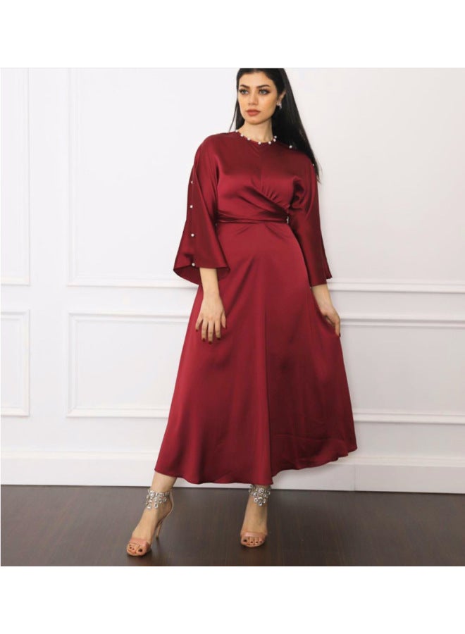 Autumn 2022 Cross-border Middle East Silk Satin Lotus Leaf Sleeve Dress Muslim Muslim Women  - Image 4