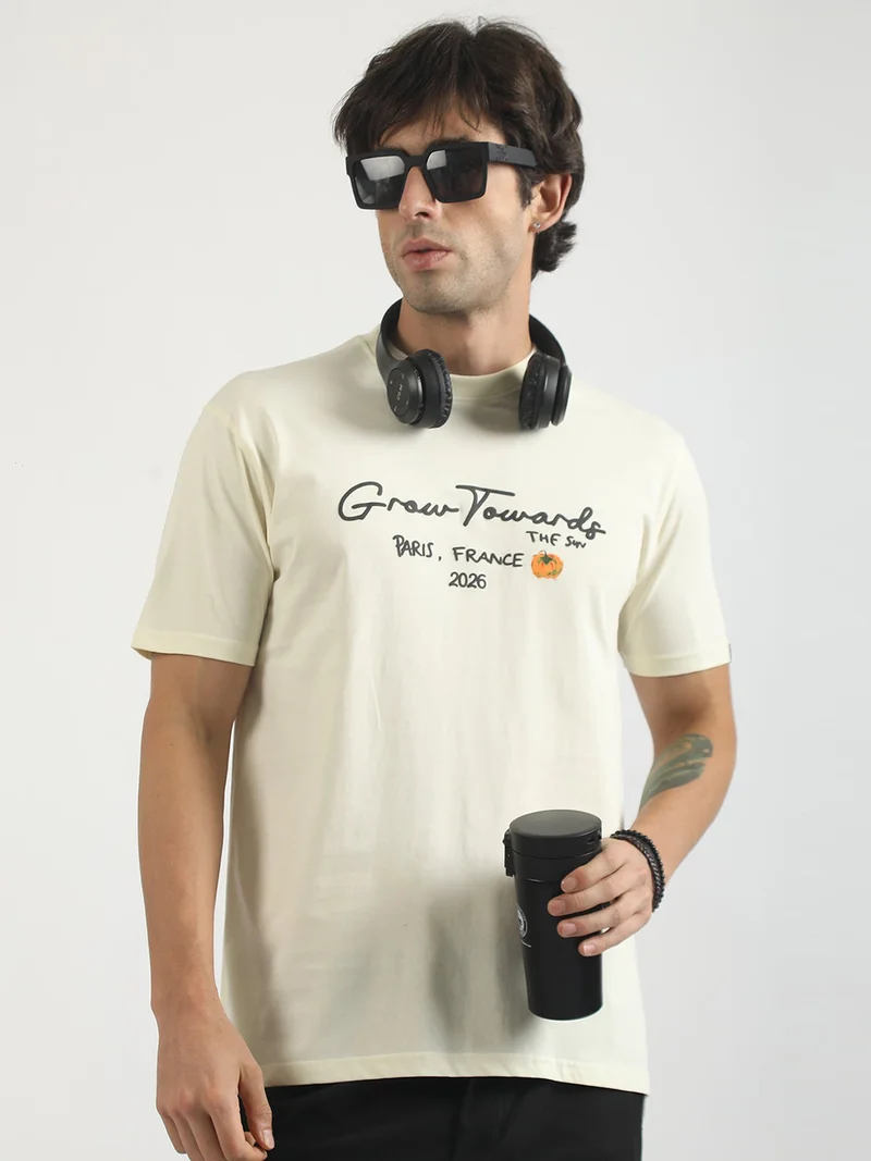 مانياك Maniac Mens Printed Round Neck Raglan Half Sleeve Blue and Cream Cotton T-Shirt