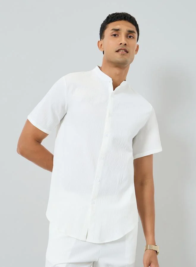 Take Two Men Solid Stand Collar Shirt and Shorts Co-Ords