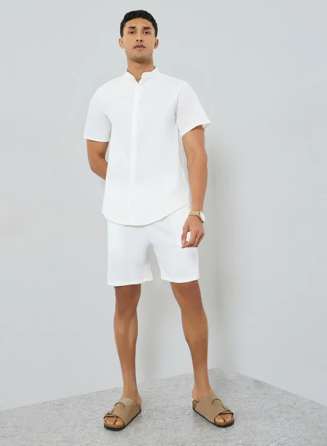 Take Two Men Solid Stand Collar Shirt and Shorts Co-Ords