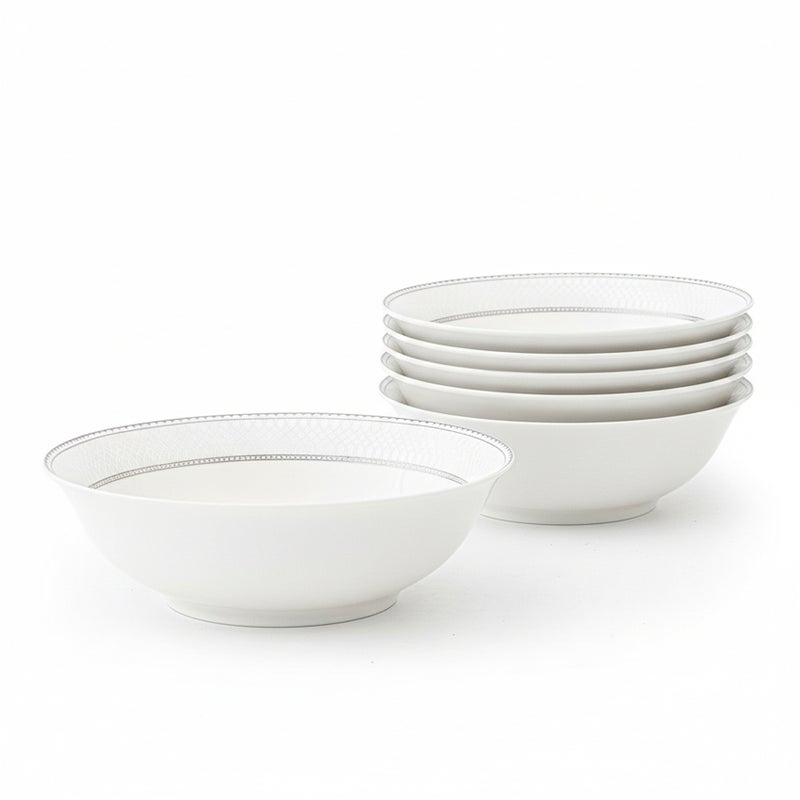 Shallow JUNA New Bone China Bowl 14 cm -  6 piece Set  Elegant White Multipurpose Bowl with Subtle Texture for Soups, Desserts & Sides, Premium Tableware for Daily Use, Brunch, Ramadan, Eid & Gifting (Set of 6) - Image 1