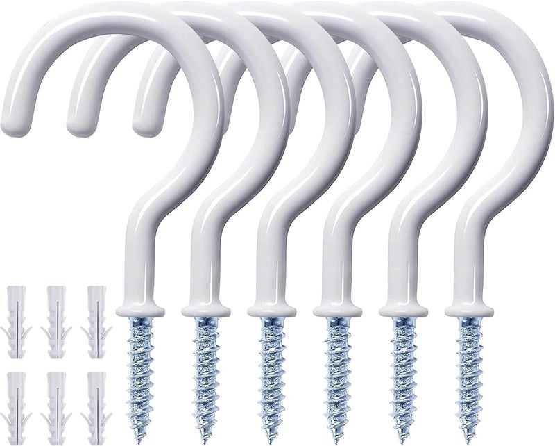 Etoolia 12 Pcs Ceiling Hooks for Hanging Plants, Cups, Utensils and Christmas String Lights, 1-1/4 inch Vinyl Coated Screw-in Plant and Cup Hooks for Wooden and Drywall with Anchors - White - Image 1