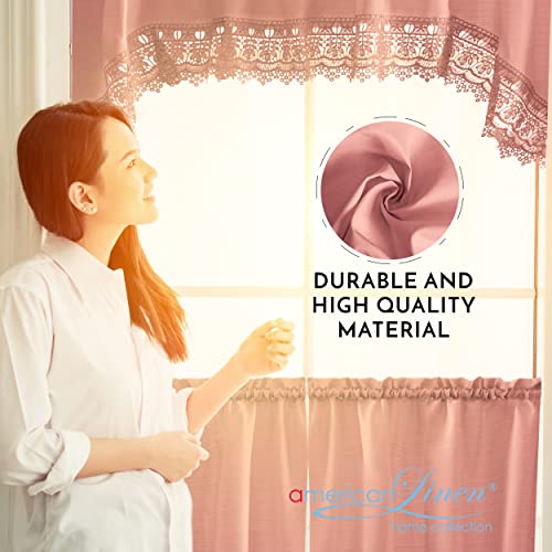 American Linen Café Curtains for Kitchen, Bathroom Curtains with Valance, Embroidered lace Border (Blush) - Image 3
